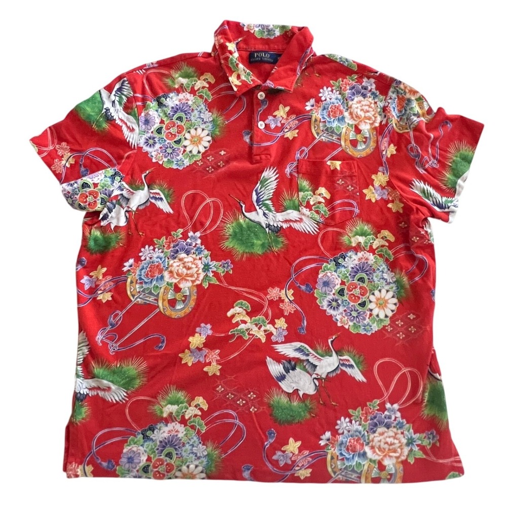 Polo Ralph Lauren Shirt Mens XL Red Japanese Crane Floral Print Polo Classic Fit